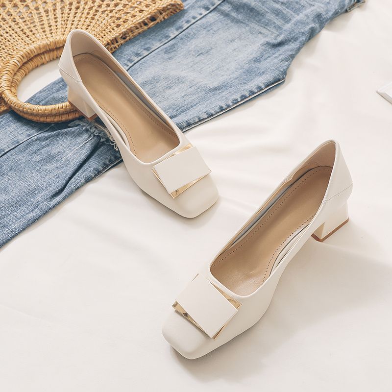 French Style Chunky Heel Pumps - Leather Work Flats 评论和价格